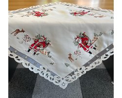 Tafelkleed - Kerst - Wit met grijze rand en kerstman - Vierkant 85 cm