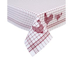 Tafelkleed - Landelijk - geruit - Kippen & Hanen - Country Side Chicken - Katoen -  150 x 150 cm - Rood