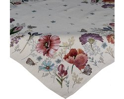 Tafelkleed - luxe gobelin stof - creme met bloemen - Tulpen - Klaproos en andere bloemen - vlinders - 100 x 100 cm