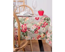 Tafelkleed - luxe gobelinstof - Berries Field - Roze en rode Rozen op een licht grijze achtergrond - Vierkant 100 cm