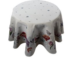 Tafelkleed - luxe gobelinstof - creme met bloemen - Tulpen - Klaproos en andere bloemen - vlinders - Rond 140