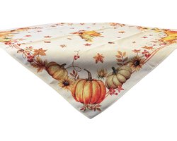 Tafelkleed - luxe gobelinstof - Herfst - Pompoenen - Pumpkin - Herstbladeren - oranje rand - 100 x 100 cm