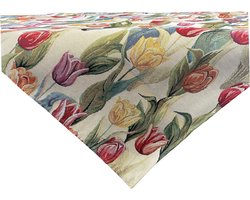 Tafelkleed - luxe gobelinstof - Tulpen - Rood - Geel - Oranje - Vierkant 100 x 100 cm