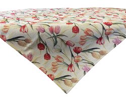 Tafelkleed - luxe gobelinstof - Tulpen - Tulipanes - Rood - Geel - Oranje - Vierkant 100 x 100 cm