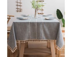 Tafelkleed met kwastjes, katoen, linnen, elegant tafelkleed, wasbare keukentafelafdekking voor eettafel (modieus grijs, rechthoekig/ovaal, 140 x 200 cm, 4-6 zitplaatsen)