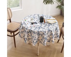 Tafelkleed met rustieke bloemenprint, rond, 140 cm, machinewasbaar, katoen/linnen, voor binnen en buiten, vintage tafelkleden voor dagelijks gebruik, blauwe bloemen, rond, 140 cm