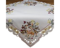 Tafelkleed - Pasen - Wit met 3 paashazen - een ei en gele bloemen - 85 x 85 cm