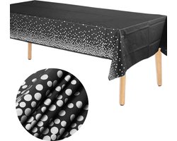 Tafelkleed Plastic - 137 x 274cm - Zwart Tafelkleed - Zilveren Stippen - Tafeldoek - Tafellaken - Tafelzeil - Halloween - Oud en Nieuw - Kerst