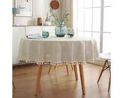 Tafelkleed rechthoekige kwastjes, tafelzeil, beige, katoen, linnen, afwasbaar, stofdicht, salontafel, tafelkleden voor keuken, picknick, tafeldecoratie (beige, rond-150 cm)
