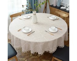 Tafelkleed rond 160 cm-tafelzeil rond 160 cm-tafelzeil rond-Rond geruit tafelkleed met kwastjes - zware katoenen linnen tafelhoes - decoratie voor keuken- en eettafel - beige rond - beige - 160x160 cm