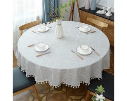 Tafelkleed rond 160 cm-tafelzeil rond 160 cm-tafelzeil rond-Rond geruit tafelkleed met kwastjes - zware katoenen linnen tafelhoes - decoratie voor keuken- en eettafel - beige rond - grijs- 160x160 cm