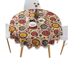Tafelkleed rond - Tafelkleed - tafelzeil - Tafelkleed met bloemenprint - Bohemian stijl - Geschikt voor keuken en eetkamer - Tafeldecoratie - 140 cm - Katoenlinnen - Meerkleurig