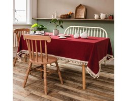 Tafelkleed Rood - 260 x 145 cm - Tafellaken Kerst Franjes Tafellinnen Rood Tafelkleed Waterafstotend KerstDiner - Rood Wit