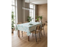 Tafelkleed "Saint Tropez" – 140x260 cm –Bladeren Print – 100% Katoen – Crème, Blauw & Groen – Binnen & Buiten