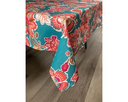 Tafelkleed "Summer Vibes" – 140x280 cm – Zomers Bloemenpatroon – 100% Katoen – Petrol, Roze, Oranje – Binnen & Buiten