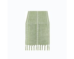 tafelkleed - Tafelloper - Feestdecoratie Geruite tafelkleed - Met kwastjes - Tafelloper in Boheemse stijl - Afmetingen 183 x 33 cm - Polyester materiaal - groen