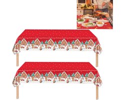 Tafelkleed - Tweedelige kersttafelkleedset - 137 x 274 cm - Kerst-/Nieuwjaarsdecoratie - Verjaardagsfeestdecoratie - Kerstprintbehang - Feest-, feest- en kersttafelkleden - Kunststof tafelkleden - Waterdicht - Rood