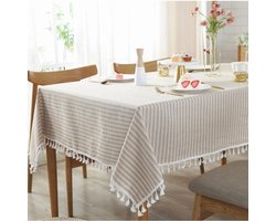 Tafelkleed van gestreept katoen linnen met kwastjes - Stofdichte tafelhoes - Rechthoekig tafelkleed - Verschillende maten - Geschikt als tafeldecoratie in de keuken en eetkamer (140 x 200 cm)