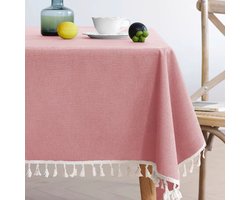 Tafelkleed van katoen-linnenmix met kwastjes, effen kleur, geschikt voor de eettafel of salontafel, water- en oliebestendig. (1 stuk)-roze-90*140cm
