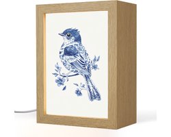 Tafellamp 15x20 cm - LED lamp - Vogel - Delfts blauw - Illustratie - Bloemen - Decoratieve tafellampen - Dimbaar - Tafellampje slaapkamer - Woonkamer binnen