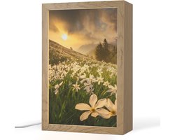 Tafellamp 20x30 cm - LED lamp - Bloemenveld - Heuvels - Zonsondergang - Berg - Natuur - Wit - Heuvels - Decoratieve tafellampen - Dimbaar - Tafellampje slaapkamer - Woonkamer binnen