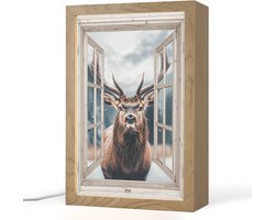 Tafellamp 20x30 cm - LED lamp - Hert - Dieren - Landschap - Winter - Sneeuw - Doorkijk - Natuur - Decoratieve tafellampen - Dimbaar - Tafellampje slaapkamer - Woonkamer binnen