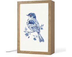 Tafellamp 20x30 cm - LED lamp - Vogel - Delfts blauw - Illustratie - Bloemen - Decoratieve tafellampen - Dimbaar - Tafellampje slaapkamer - Woonkamer binnen
