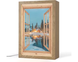 Tafellamp 20x30 cm - LED lamp - Winterlandschap - Natuur - Huis - Bergen - Doorkijk - Raam - Decoratieve tafellampen - Dimbaar - Tafellampje slaapkamer - Woonkamer binnen