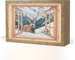 Tafellamp 30x20 cm - LED lamp - Doorkijk - Hert - Landschap - Winter - Natuur - Dieren - Bergen - Decoratieve tafellampen - Dimbaar - Tafellampje slaapkamer - Woonkamer binnen