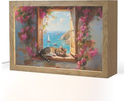 Tafellamp 30x20 cm - LED lamp - Kat - Blauwe zee - Roze bloemen - Decoratieve tafellampen - Dimbaar - Tafellampje slaapkamer - Woonkamer binnen