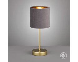 Tafellamp Aura | Goudkleurig | Stoffen lampenkap | Grijs fluweel met gouden binnenkant | H: 34 cm, D: 13 cm | Met snoerschakelaar | 1x E14 max. 25 Watt