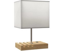 Tafellamp - Bedlampje - USB-poorten - Hout - Stoffen Kap - Tuimelschakelaar - Opbergvakken - Wit