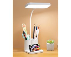 Tafellamp - Bureaulamp - LED lamp - Nachtlampje volwassenen - Nachtlampje kind - studielamp - leeslamp - oplaadbaar - op netstroom - 3 kleurtemperaturen - dimbaar 0-100% - honingraat lens - anti-blauw licht - flikkervrij - penhouder - wit