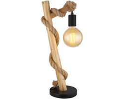 Tafellamp houten lamp bijzetlamp zwart henneptouw landhuis bedlamp rustieke leeslamp, metaal, 1x E27 fitting, LxBxH 19x16,5x53,5 cm
