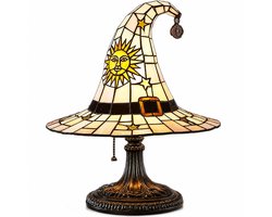 Tafellamp in Tiffany-stijl met heksenhoed, handgemaakte nachtlamp met gebrandschilderd glazen zonnegezicht in tovenaarsstijl, 20 cm hoge vintage bureaulamp met harsvoet, warme sfeerverlichting voor slaapkamer, boekenplank(crème/amber)