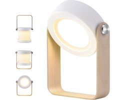 Tafellamp met Duurzaam Bamboehout - Draadloos, Oplaadbaar en Uitklapbaar tot Bureaulamp, Nachtlamp, Leeslamp, Hanglamp, Lantaarn - LED Binnen en Buitenlamp - Dimbaar met Sensor (Wit) draadloos gebruik en Ophangbare lamp.