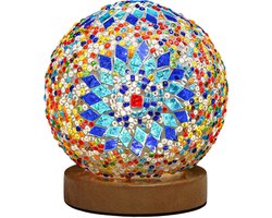 Tafellamp - Mozaïek Glas Tafellamp - Houten Basis Bedside Lamp - USB Sfeerlamp met Drie Kleuren Dimbaar Licht - 1 stuk - Blauw