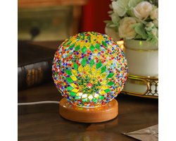 Tafellamp - Mozaïek Glas Tafellamp - Houten Basis Bedside Lamp - USB Sfeerlamp met Drie Kleuren Dimbaar Licht - 1 stuk - Groen