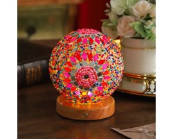 Tafellamp - Mozaïek Glas Tafellamp - Houten Basis Bedside Lamp - USB Sfeerlamp met Drie Kleuren Dimbaar Licht - 1 stuk - Roze