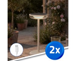 Tafellamp oplaadbaar ‘Vita’ - Voordeelset van 2 stuks - Zandkleur - USB-C oplaadbaar - Werkt ook op zonne-energie - Warm wit licht 2700K - Tafellamp voor binnen én buiten - Solar tuinverlichting
