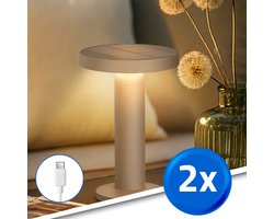 Tafellamp oplaadbaar ‘Vivro’ - Voordeelset van 2 stuks - Zandkleur - USB-C oplaadbaar - Werkt ook op zonne-energie - Warm wit licht 3000K - Tafellamp voor binnen én buiten - Solar tuinverlichting