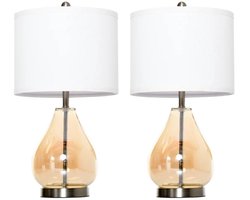 Tafellamp - Set Van 2 - Linnen Lampenkap - Glazen Druppelvormige Staven - Bedlamp - E27-fitting - Voor Slaapkamer En Woonkamer - Wit