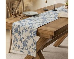 Tafelloper - 220 x 30 cm Table Runner Bloemen Tafelloper Textiel - Beige Blauw