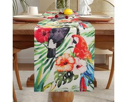 Tafelloper 33 x 183 cm – Lente/Zomer Design met Roze Bloemen en Tropische Groene Palmbladeren, Modern Tafelkleed voor Woonkamer, Eettafel en Feestdecoratie