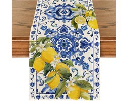 Tafelloper - 33x183 cm - Mediterrane Loper - met Citroen en Blauwe Tegel Motief - Zomerse Tafeldecoratie - voor Eettafel & Tuinfeest - Geel & Blauw