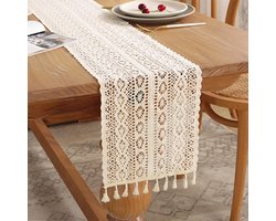 Tafelloper - 47.2 inch - Gehaakt tafelkleed van katoen - Kanten tafelkleed - Kanten uitsparing - Kwastjesrand - Geschikt voor keuken, salontafel, boerderij, woonkamer, slaapkamer en kaptafeldecoratie - 30 x 120 cm - Gebroken wit