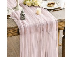 Tafelloper, 600 x 75 cm, Boheemse stijl, gaasstof, tafelloper voor bruiloften, feesten, festivals, doopfeesten en nieuwjaarsvieringen, vrijgezellenfeesten en keukentafeldecoratie,lichtroze
