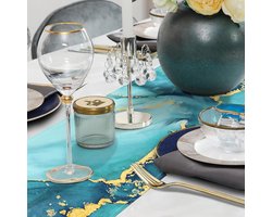 Tafelloper blauwgroen goud marmer abstracte moderne keuken eettafel decoratie - binnen buiten - vakantie feest - wasbaar - wooncultuur - tafelkleed - 33 x 183 cm tafelloper textiel 60 x 140 cm