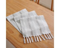 Tafelloper, boho, crème, landhuisstijl, kwastjes, wasbare tafeldecoratie, feest, verjaardag, festival, bruiloft decoratie,Klein dubbel jacquard lichtgrijs,33*143cm
