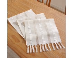 Tafelloper, boho, crème, landhuisstijl, kwastjes, wasbare tafeldecoratie, feest, verjaardag, festival, bruiloft decoratie,Kleine dubbele jacquard gebroken witte,33x305cm